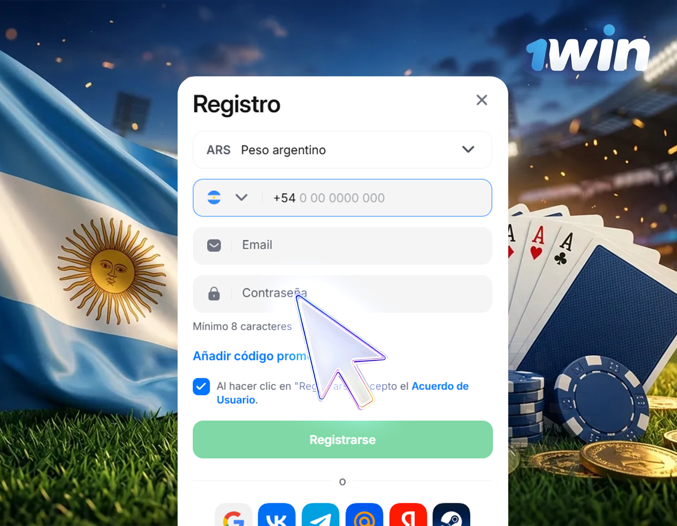 Crea una contraseña para registrarte en 1win Argentina