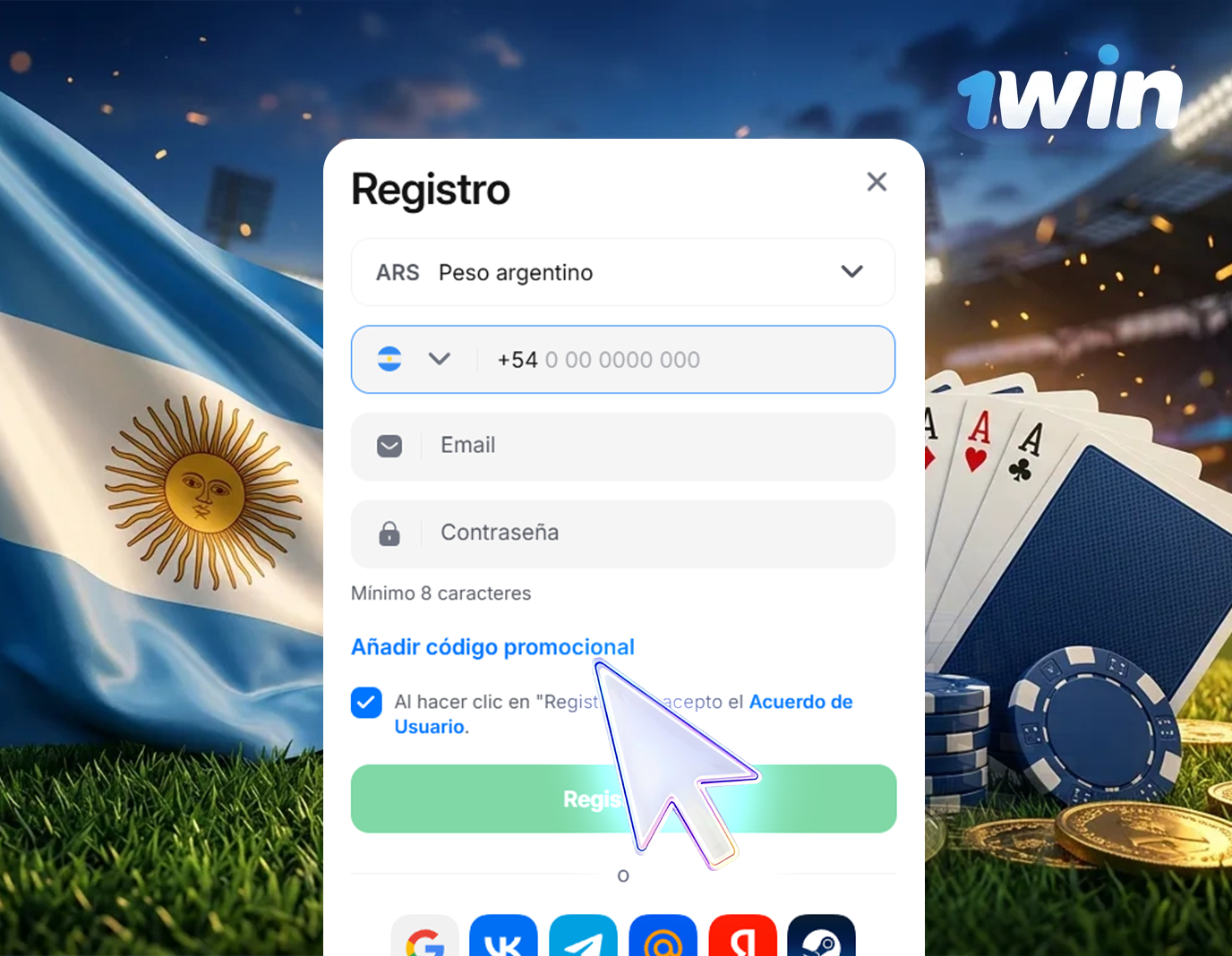 Si hay un código promocional ingrese antes de registrarse en 1win Argentina