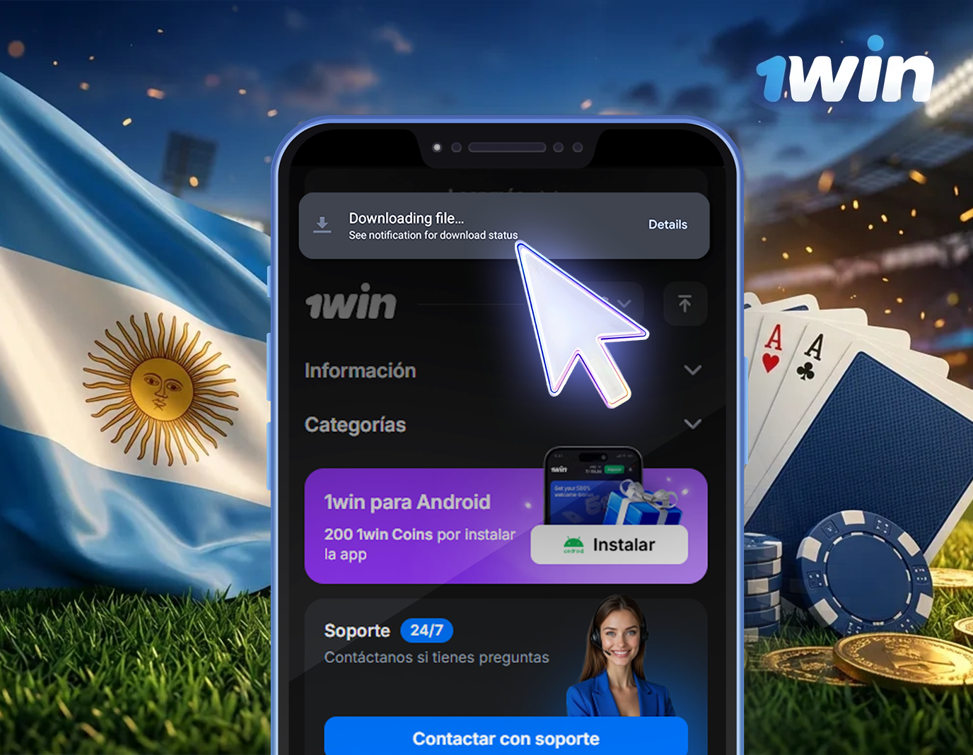Espere a que la descarga de la aplicación 1win Argentina para Android